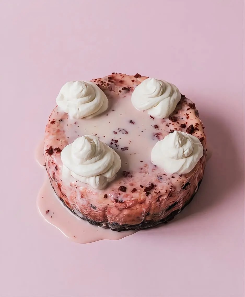 Red Velvet Cookies & Cream cheesecake with a pink glaze, chocolate crumb crust and cream dollops