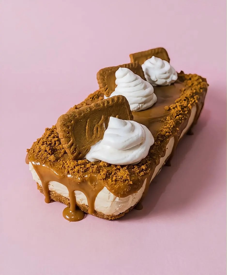 Lotus Drizzle — caramel-dripped biscuit cheesecake loaf with cream swirls