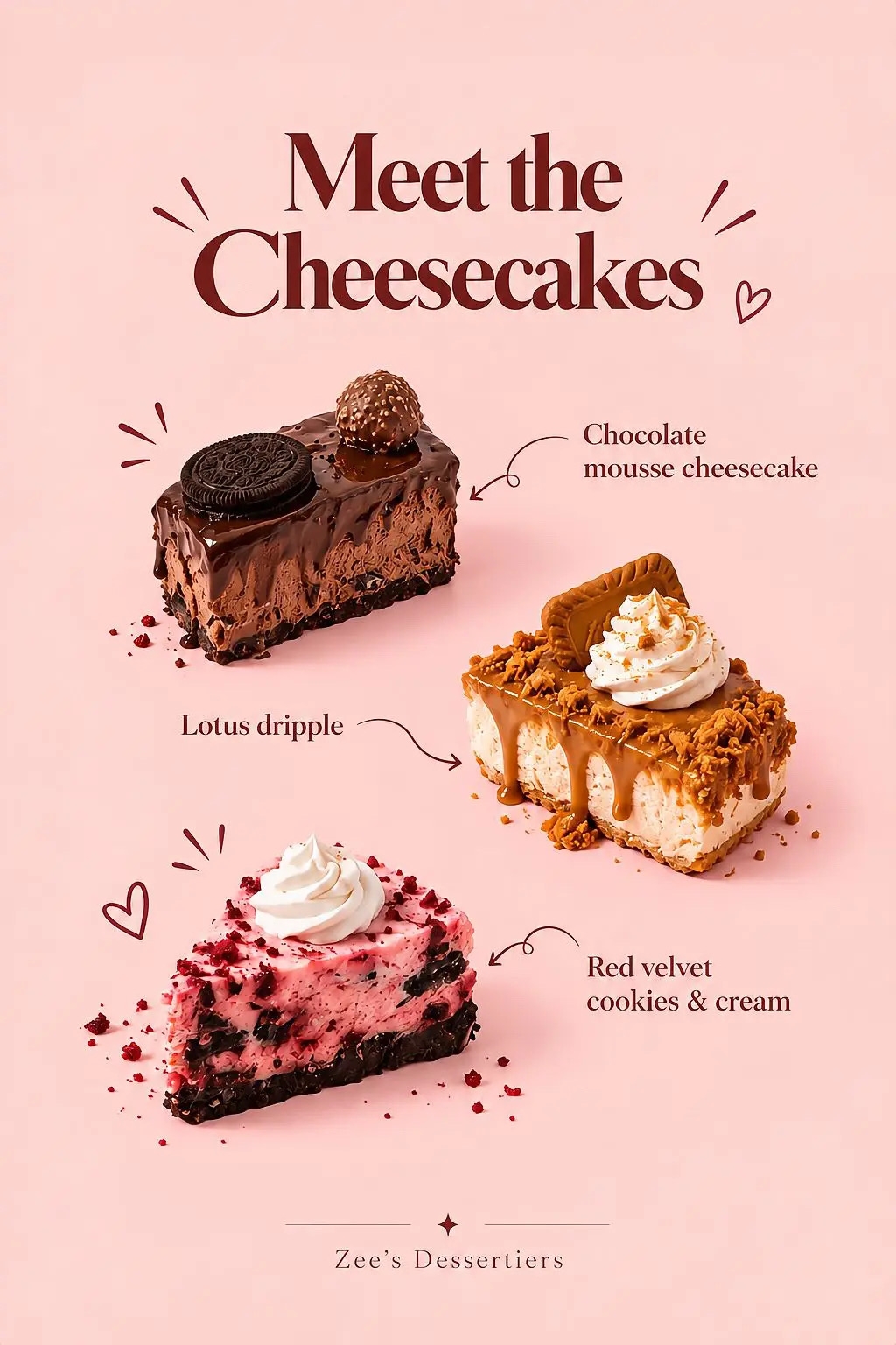 Meet the cheesecakes: Chocolate Mousse, Lotus Dripple and Red Velvet Cookies & Cream